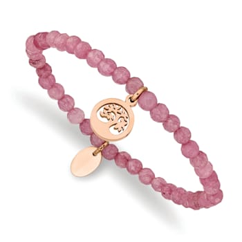 Rose Stainless Steel Polished Tree Pink Jade Beaded Stretch Bracelet
