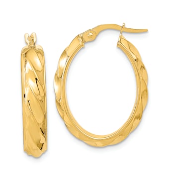 14k Yellow Gold Polished and Twisted 1" Oval Hoop Earrings