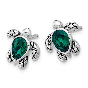 Rhodium Over Sterling Silver Antiqued Crystal May Birthstone Turtle Earrings