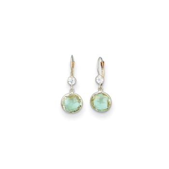 14K Yellow Gold Green Prasiolite and  White Topaz Dangle Earrings