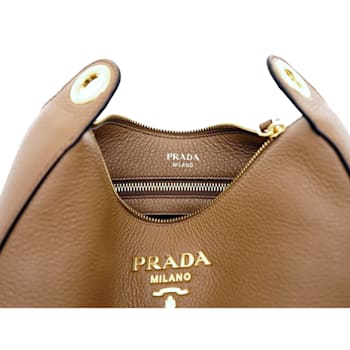 Prada Vitello Phenix Caramel Brown Leather Web Stripe Crossbody Bag