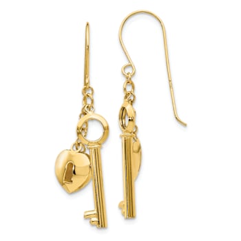 14k Yellow Gold Puff Heart Lock and Key Dangle Earrings