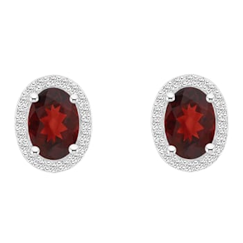 7x5mm Oval Garnet And Created White Sapphire 10k White Gold Halo Stud Earrings