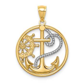 14k Two-tone Gold Cross Anchor Captain Wheel Pendant