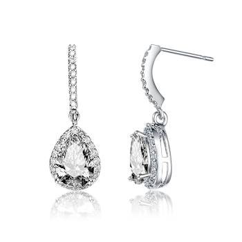 CZ Teardrop Halo Drop Earrings In Sterling Silver