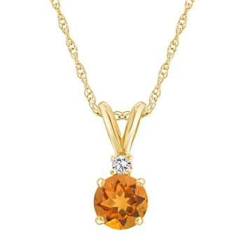 5mm Round Citrine with Diamond Accent 14k Yellow Gold Pendant With Chain