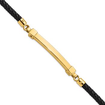 14K Yellow Gold Polished Bar Leather Bracelet
