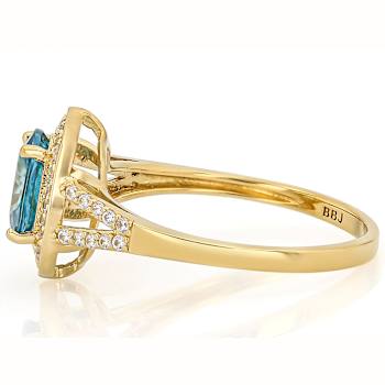 Blue Zircon And White Zircon Oval Ring In 18K Gold Over Sterling Silver 2.23ctw