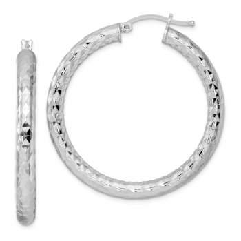 Rhodium Over Sterling Silver 4.00mm Diamond-cut Hoop Earrings
