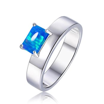 Lab Created Blue Opal Rhodium Over Sterling Silver Offset Ring Blue Opal Ring