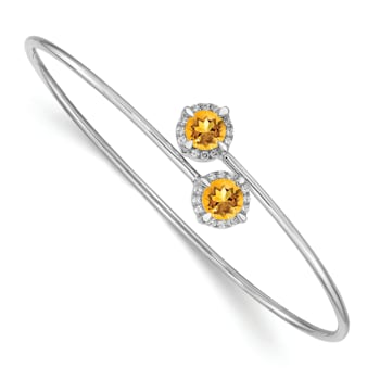 Rhodium Over 14k White Gold Citrine and Diamond Flexible Bangle