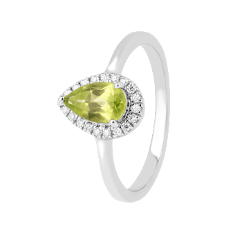 Pear Shape Peridot with Moissanite Accents Rhodium Over Sterling Silver Ring