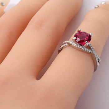 Red Lab Created Ruby with Moissanite Accent Rhodium Over Sterling Silver Ring
