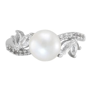 8mm Button White Freshwater Pearl and White Sapphire Sterling Silver Ring