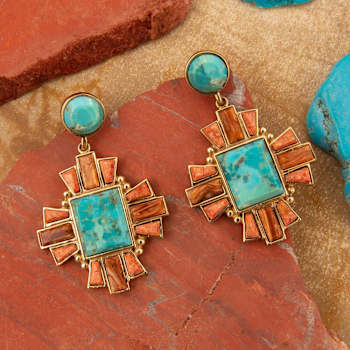 Barse Jewelry Composite Turquoise With Opal & Coral Gold Tone Santa
Fe Cross Dangle Earrings