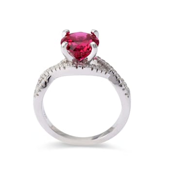 Red Lab Created Ruby with Moissanite Accent Rhodium Over Sterling Silver Ring