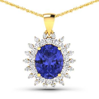 Blue Tanzanite and White Diamond 14K Yellow Gold Halo Pendant with Cable
Chain 3.75ctw