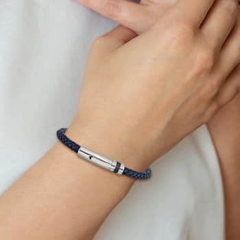 Blue Leather and Stainless Steel Polished 8.25-inch Bracelet