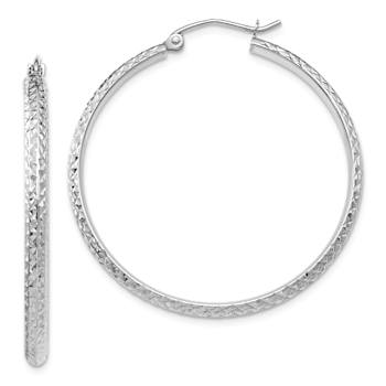 Rhodium Over 14k White Gold Diamond-Cut 1 7/16" Hoop Earrings