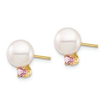 14K Yellow Gold 7-7.5mm White Round Freshwater Cultured Pearl Pink Topaz
Post Earrings