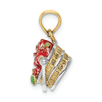 14K Two-tone Gold  3D Textured Multi-Color Enamel Apple Basket Charm