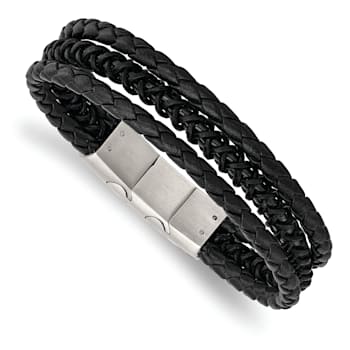 Black Leather and Stainless Steel Brushed and Polished IP Plated with
0.5-inch Extension Bracelet