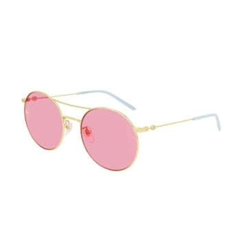 Gucci Gold Tone with Aqua Blue Arm Detail Frame / Pink Lens Sunglasses