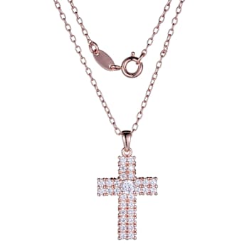 White Cubic Zirconia 14k Rose Gold Over Brass Cross Pendant With Chain 2.40ctw