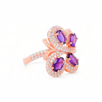 6x4mm Oval Amethyst and White CZ 18K Rose Gold Over Sterling Silver
Ring, 1.50ctw