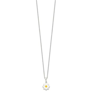 Sterling Silver Polished Yellow and White Enamel Flower Children's Necklace
