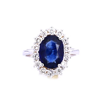 3.73 Ctw Blue Sapphire and 1.16 Ctw White Diamond Ring in 14K WG