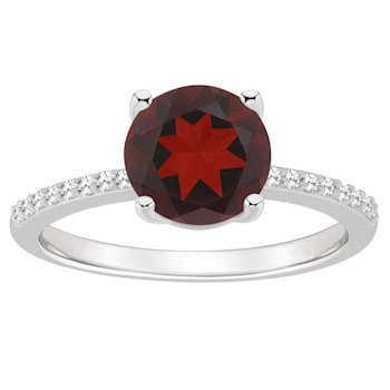 8mm Round Garnet and 1/10 ctw Diamond Rhodium Over Sterling Silver Ring