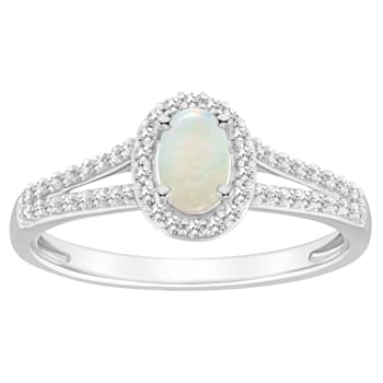 6x4mm Oval Opal 1/4 ctw Diamond Rhodium Over Sterling Silver Halo Ring