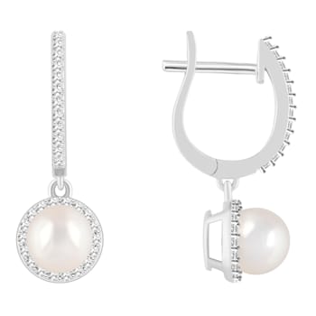 6mm Cultured Freshwater Pearl 1/3 ctw Diamond Rhodium Over Sterling
Silver Halo Dangle Earrings