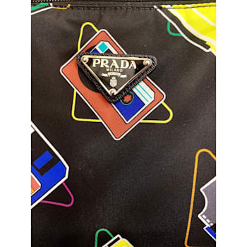 Prada Cassette Print Black Nylon Convertible Shopping Tote Handbag