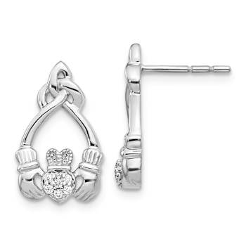 Rhodium Over 14k White Gold Diamond Claddagh Stud Earrings