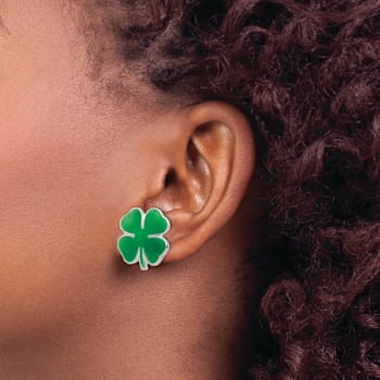Rhodium Over Sterling Silver Enamel 4 Leaf Clover Children's Post Earrings