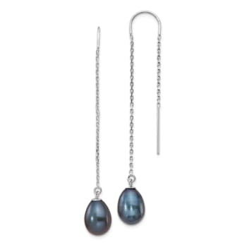 Rhodium Over 14K White Gold 7-8mm Black Teardrop Freshwater Cultured
Pearl Threader Earrings