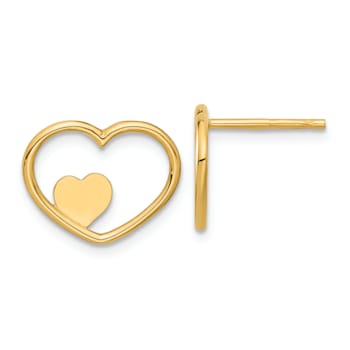 14K Yellow Gold Open Heart with Small Heart Post Earrings