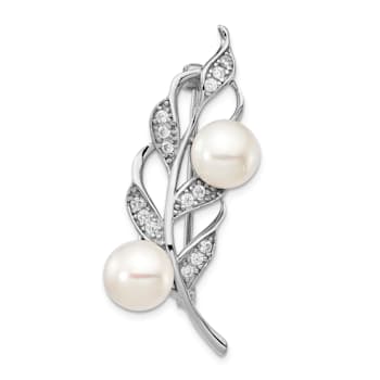 Sterling Silver Rhodium-plated 7-8mm White Button FWC Pearl Cubic
Zirconia Brooch
