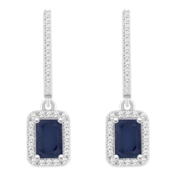 6x4mm Emerald Cut Sapphire 1/3 ctw Diamond Rhodium Over Sterling Silver
Halo Dangle Earrings