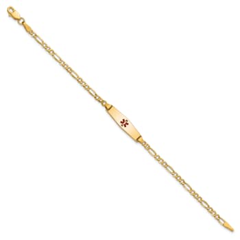 14k Yellow Gold Medical Soft Diamond Shape Red Enamel Figaro Link ID Bracelet