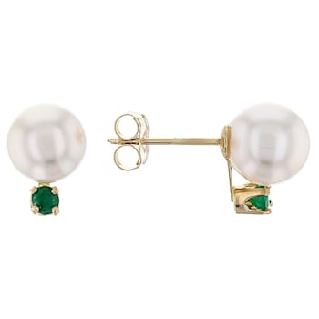 14k Yellow Gold 7-8mm Cultured Japanese Akoya Pearl And Emerald Earrings