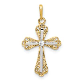 14K Two-tone Gold  Textured Cubic Zirconia Cross Pendant