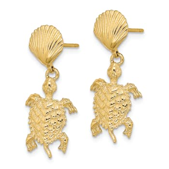 14k Yellow Gold Textured Shell and Sea Turtle Dangle Earrings