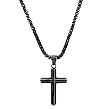 Men's Cross Pendant With Chain In Black Ion-Plated Stainless Steel
