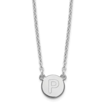 Rhodium Over Sterling Silver Tiny Circle Block Letter P Initial Necklace