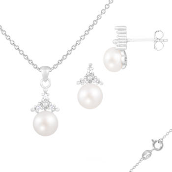 6-7mm Button White Freshwater Pearl and CZ Rhodium Over Sterling Earring
and Pendant W/Chain Set
