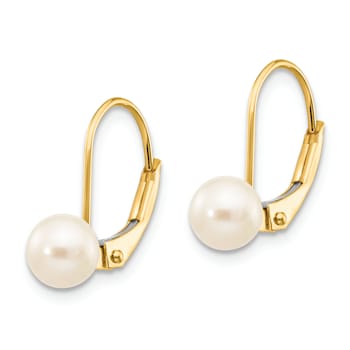 14K Yellow Gold 5-6mm White Round Freshwater Cultured Pearl Leverback Earrings