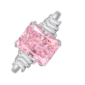 Radiant Cut Pink CZ and Baguette White Cubic Zirconia Sterling Silver Ring